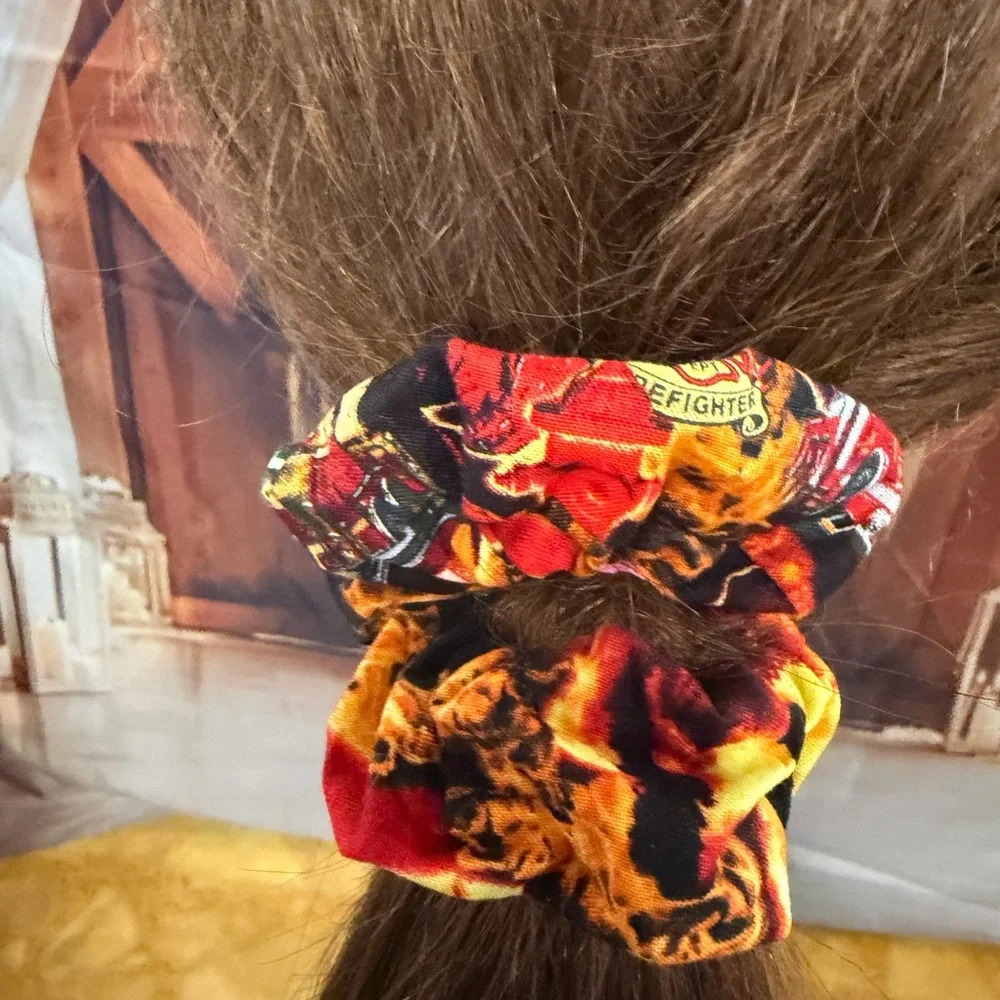 Fire Fighter Homemade Flame Print Hair Scrunchie - Red, Orange, Black